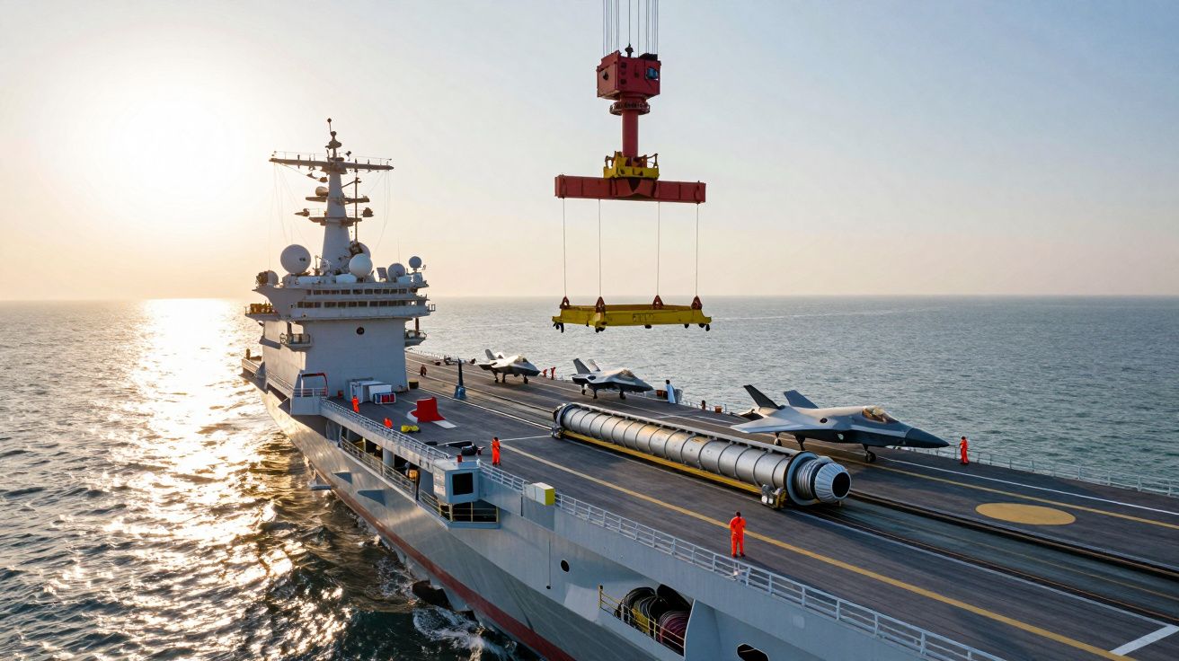 Porta-aviões em alto-mar com jatos na pista e guindaste movendo carga, ao pôr do sol.