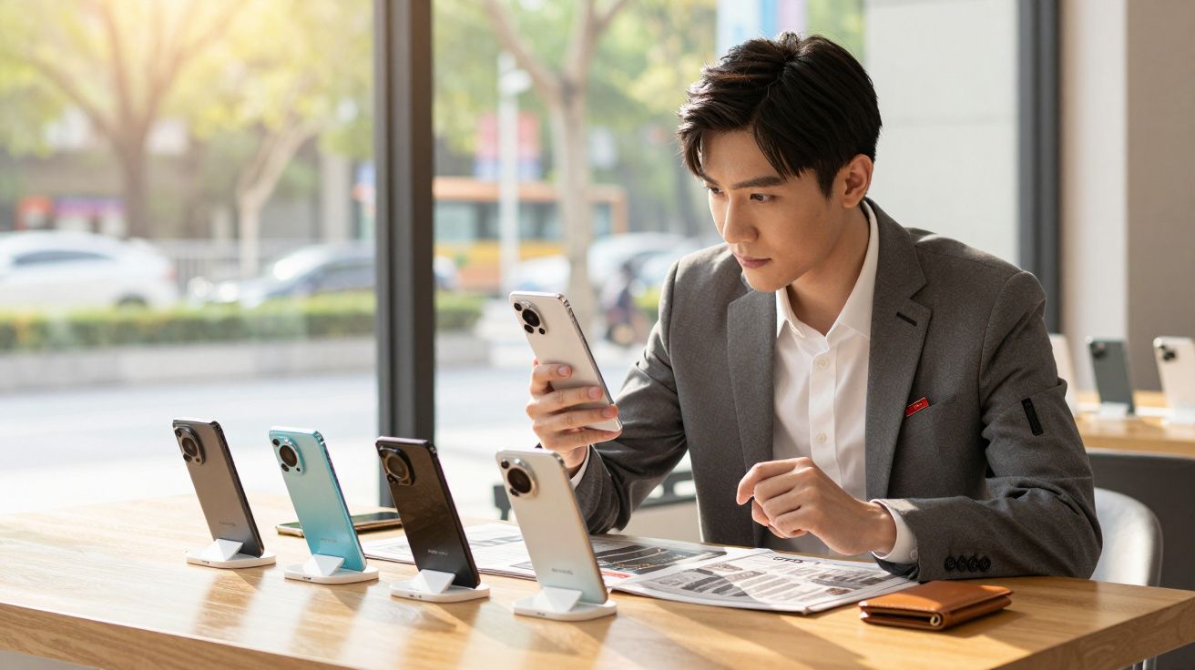 Homem em fato cinzento examina telemóvel numa loja, com outros dispositivos expostos numa mesa de madeira.