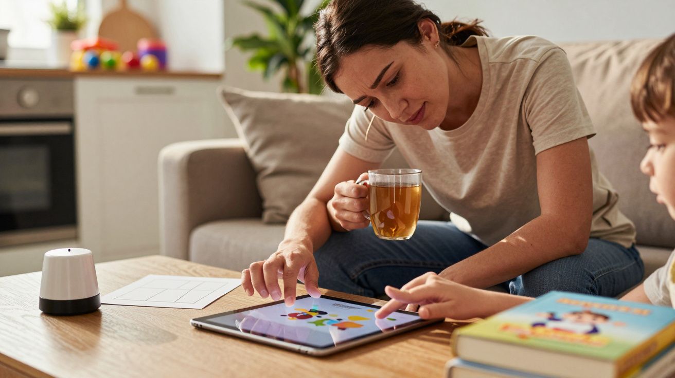 Mulher e criança na sala, a usar um tablet em cima da mesa. Ela segura uma caneca. Livros e brinquedos ao fundo.