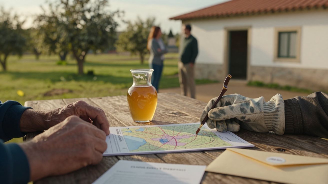 Mãos apontam para um mapa em mesa de madeira, perto de uma jarra de suco. Casal ao fundo perto de casa branca.