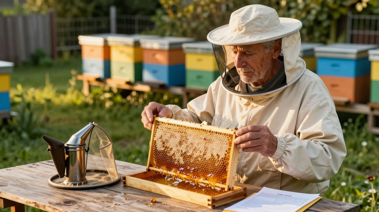 Apicultor idoso em traje de proteção inspeciona colmeia com quadros de mel, ao ar livre, cercado por colmeias coloridas.