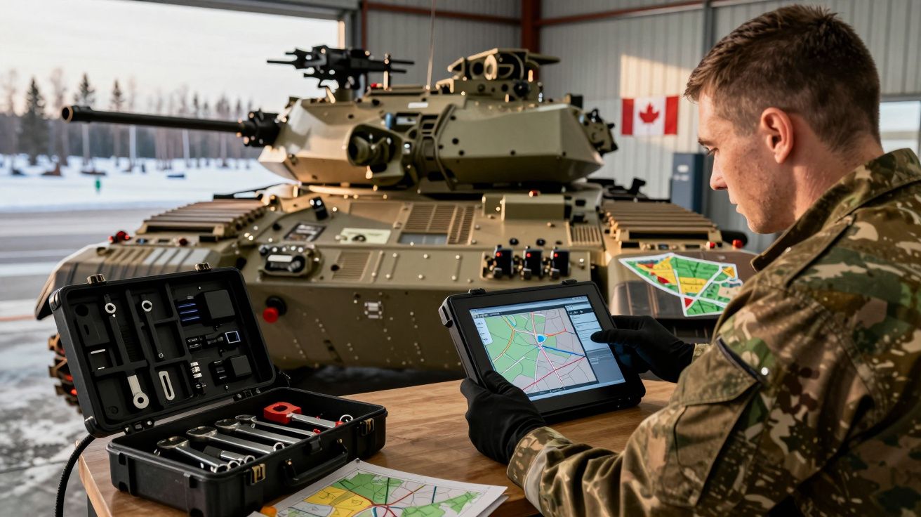Soldado analisa mapas num tablet à frente de um tanque militar, com bandeira canadiana ao fundo numa garagem.