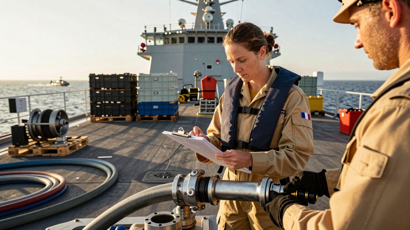 Tripulação naval operando numa embarcação, mulher consulta documento ao lado de um homem com uniforme. Mar ao fundo.