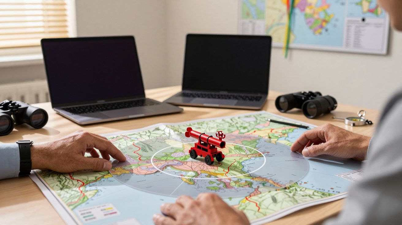 Dois homens analisam mapa na mesa com laptop, binóculos e pequeno brinquedo de camião dos bombeiros no centro.