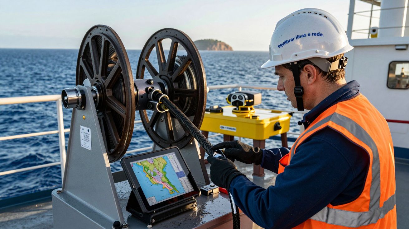 Trabalhador no barco manuseia equipamento com tablet mostrando mapa, usando capacete e colete refletor, mar ao fundo.