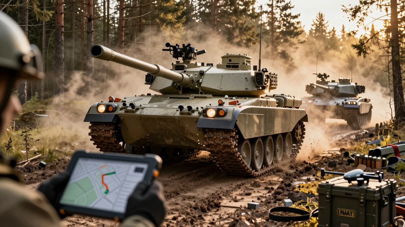 Tanques de guerra em movimento numa floresta, com um soldado segurando um tablet digital ao primeiro plano.