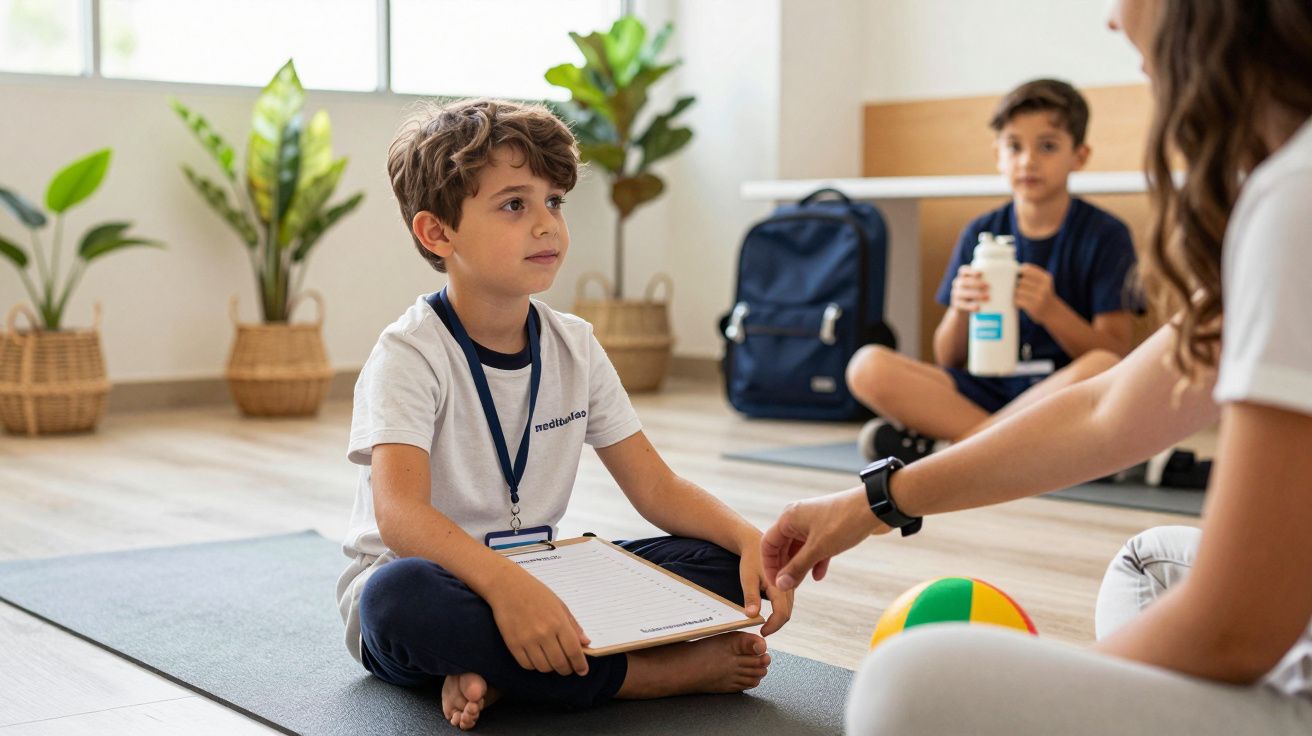 Menino sentado numa sala de aula, segurando um caderno. Outro menino ao fundo bebe água, plantas e mochila visíveis.