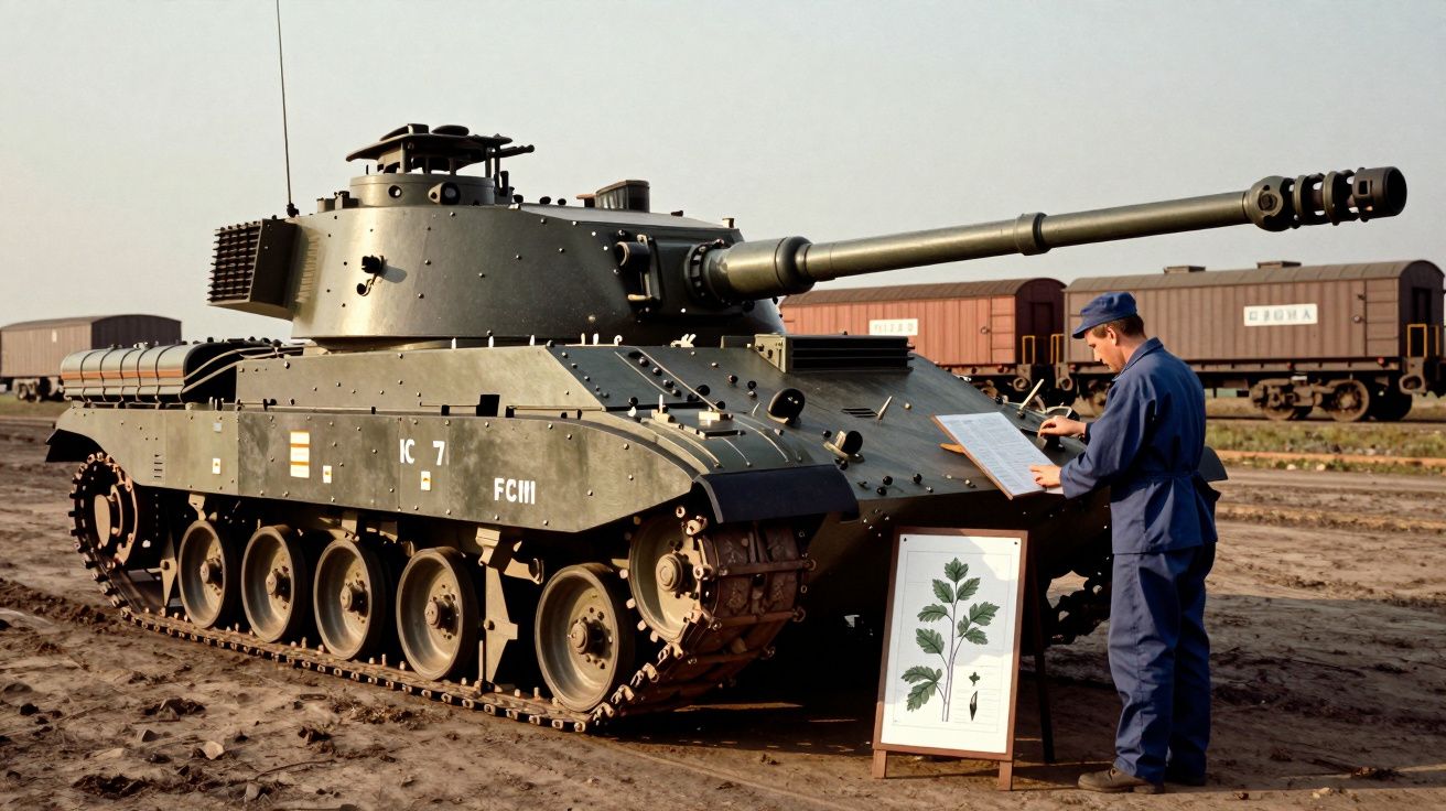 Homem de uniforme azul escreve observações perto de um tanque militar com um cartaz de folhas em frente, ao ar livre.