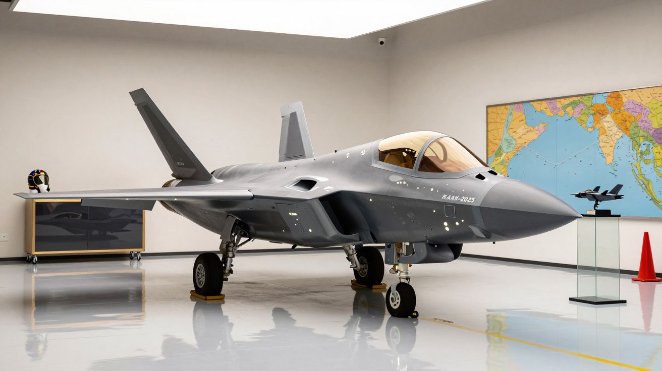 Avião militar cinzento num hangar, com capacete ao fundo e mapa mundial na parede.