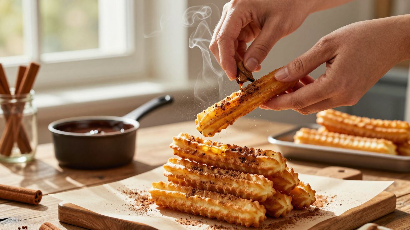 Mãos colocando chocolate nuns churros fritos sobre uma tábua de madeira, ao lado de um molho de chocolate numa panela.