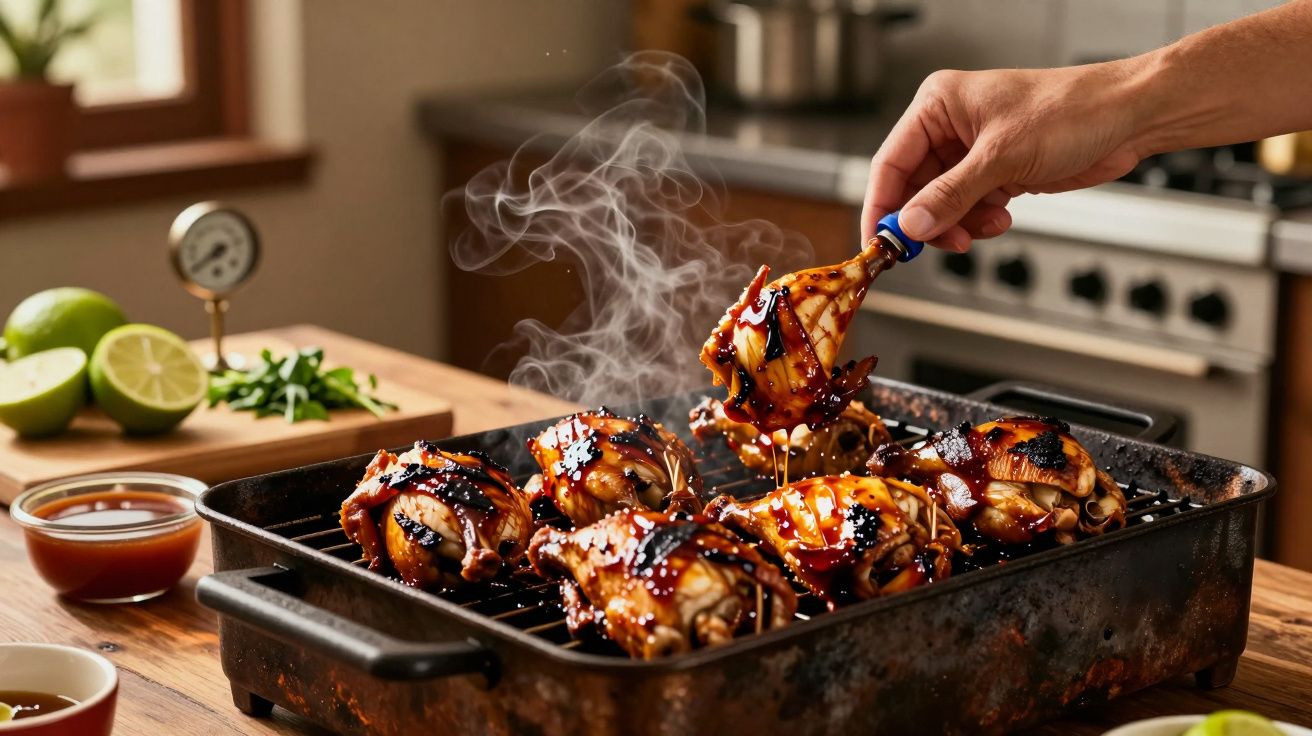 Mão colocando perna de frango assada com molho num tabuleiro na cozinha. Limões e ervas ao fundo.