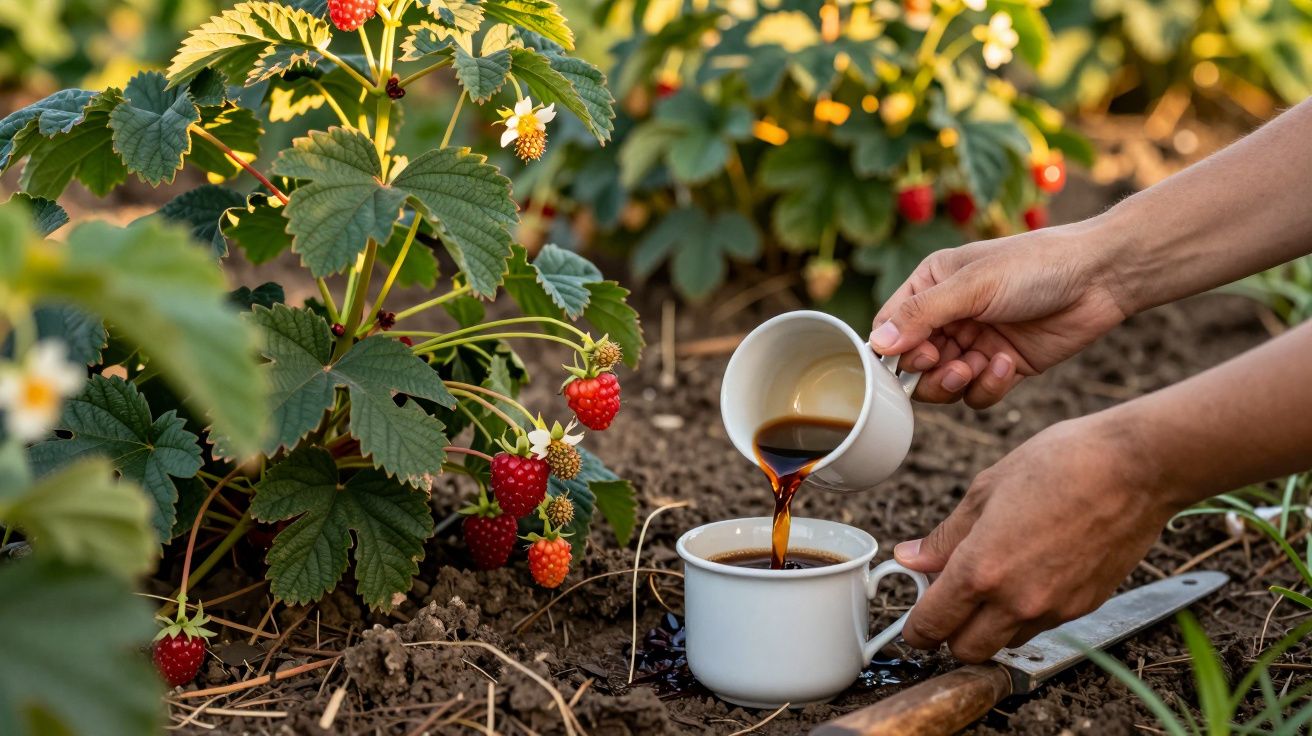 Mãos derramando café numa chávena ao lado de plantas de morangueiros com morangos vermelhos no solo do jardim.