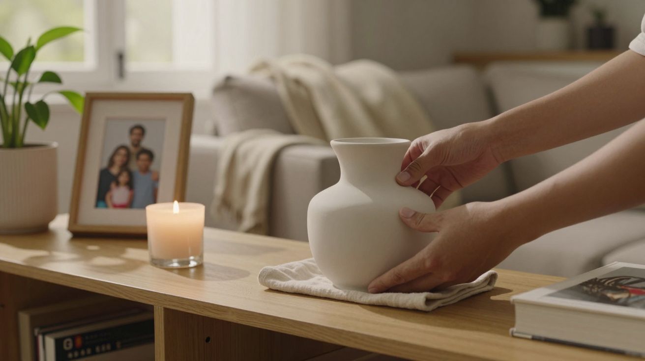 Mãos a colocar um vaso branco sobre uma mesa de madeira, com uma vela, planta e moldura ao fundo.