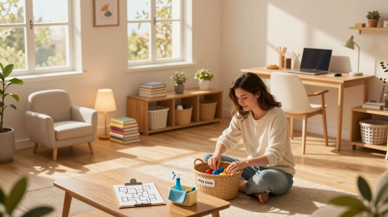 Mulher sentada no chão de uma sala acolhedora, organizando brinquedos numa cesta, com uma secretária ao fundo.