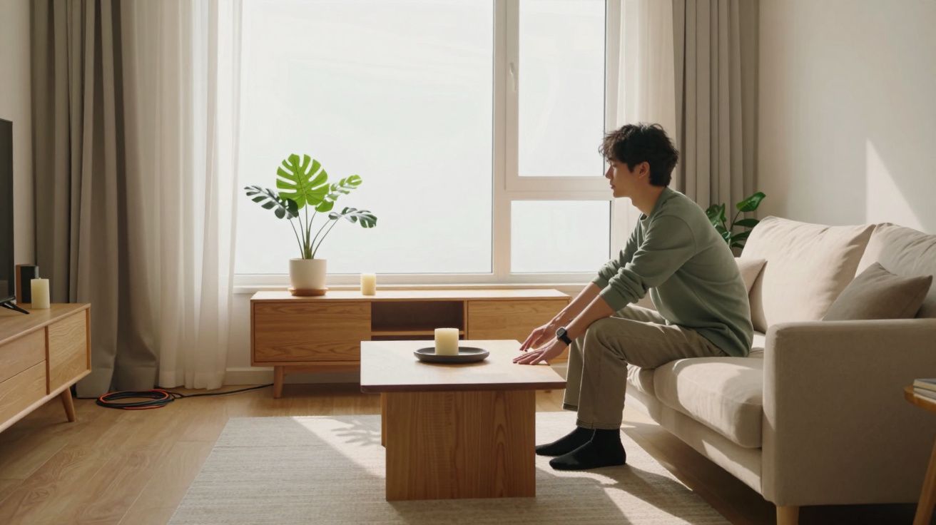 Homem sentado num sofá, numa sala iluminada, com mesa de madeira, planta e candeeiro ao fundo.