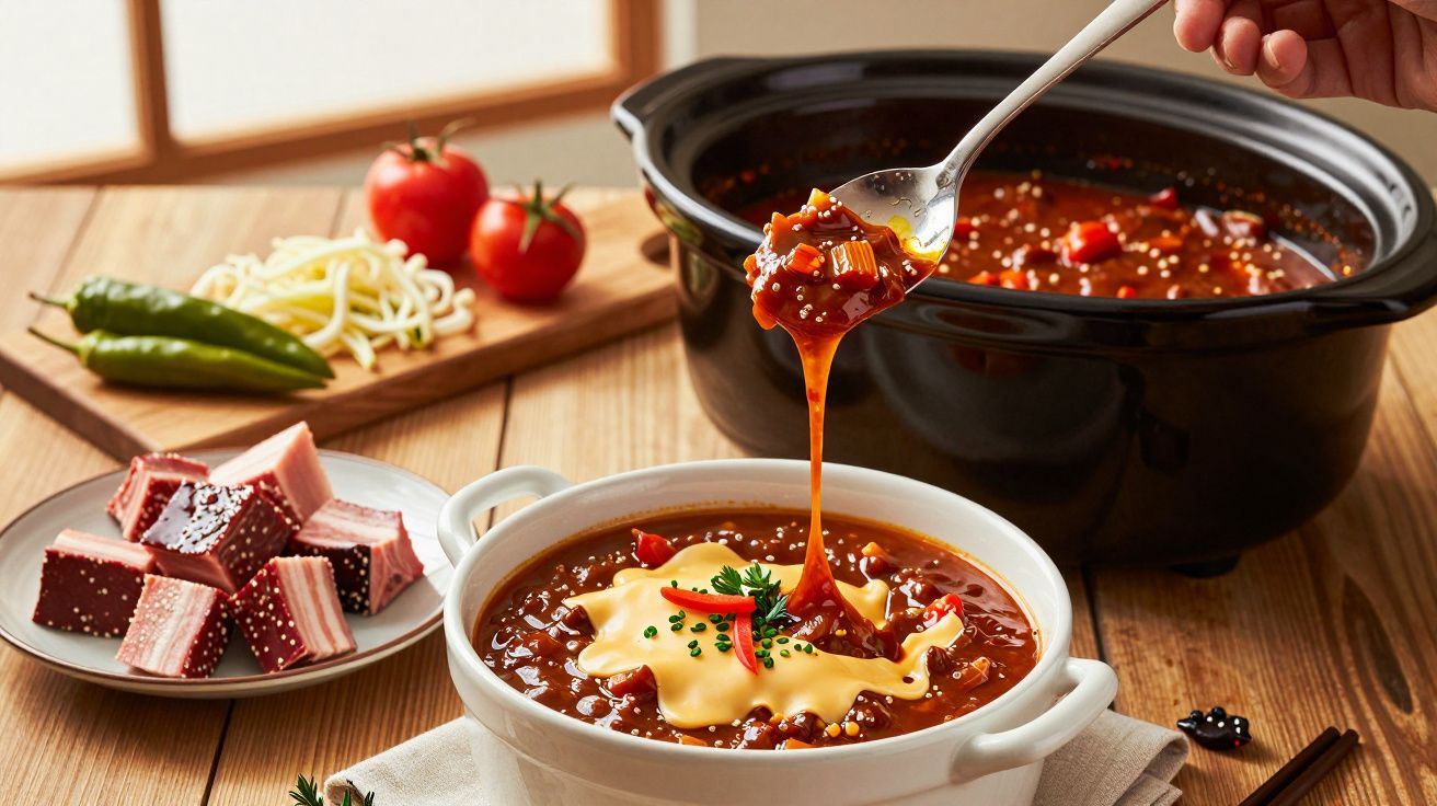 Tacho com guisado de carne, queijo derretido, vegetais no fundo e doces à esquerda sobre uma mesa de madeira.