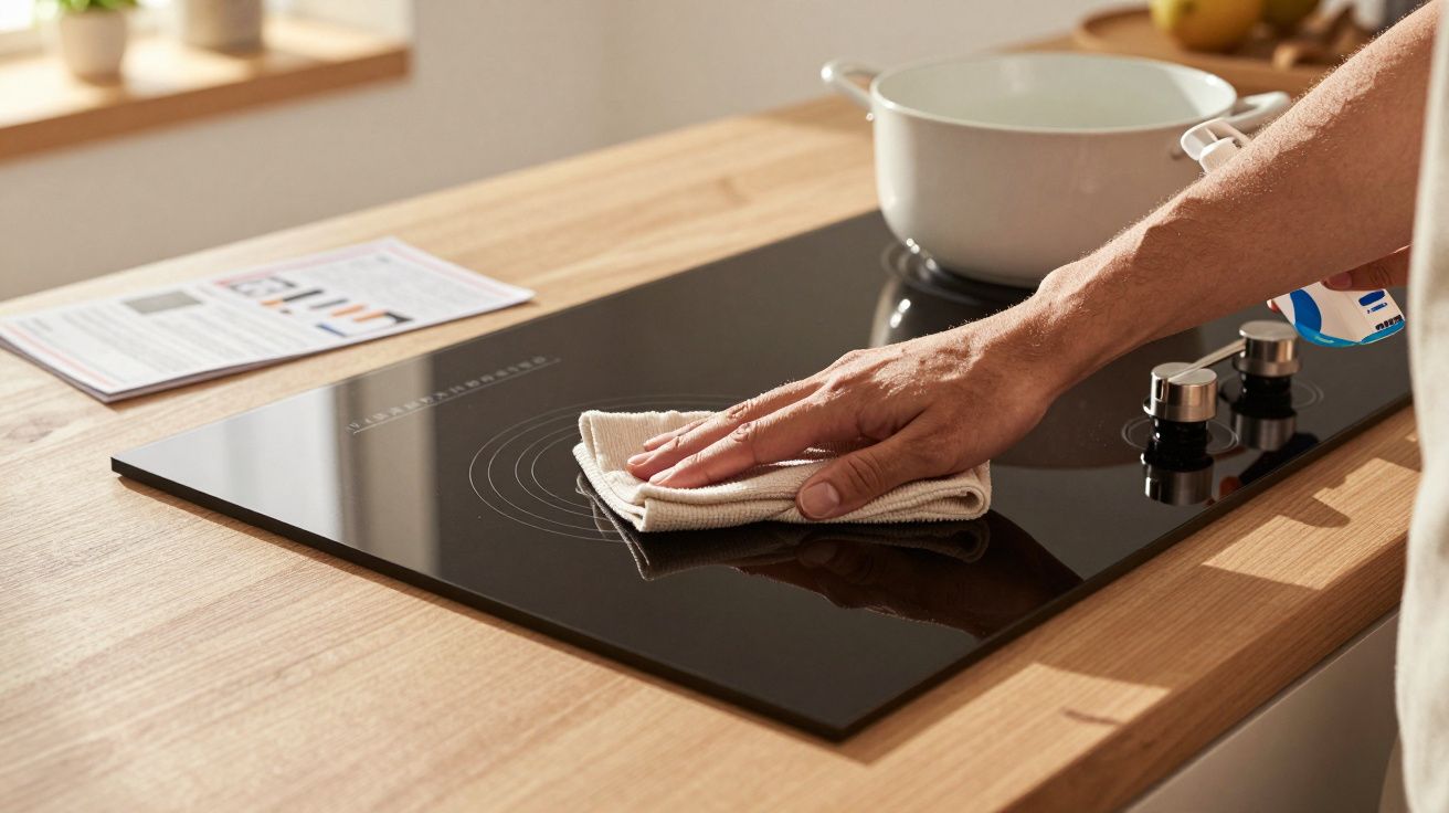 Pessoa a limpar placa vitrocerâmica preta com pano numa cozinha.