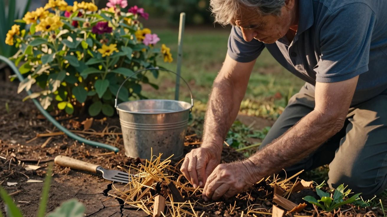 Homem de cabelos grisalhos cuidando de plantas no jardim, com balde e ferramentas ao lado, flores coloridas ao fundo.