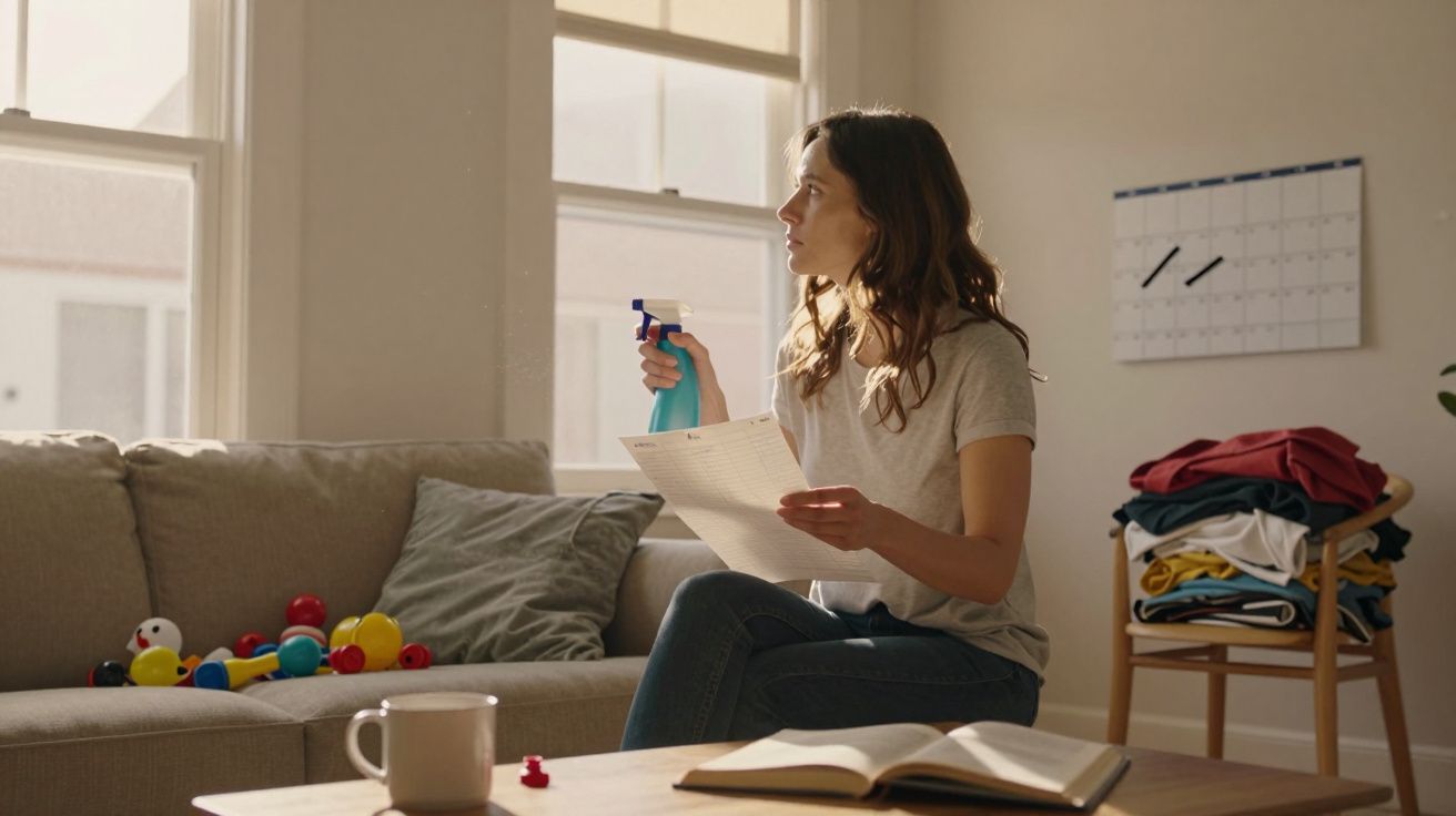 Mulher sentada, segura um borrifador e papel, numa sala com brinquedos no sofá e roupa numa cadeira.