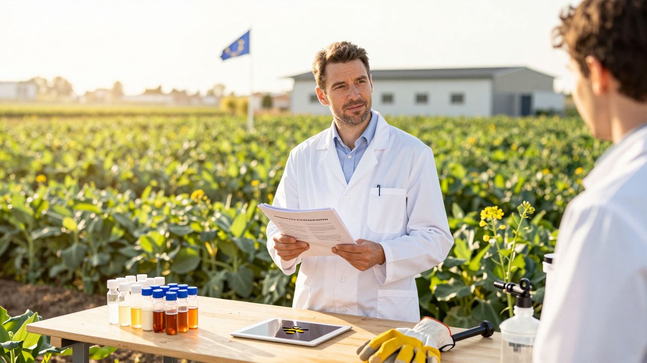 Cientistas de bata branca discutem pesquisa agrícola num campo, com frascos de amostras e tablet numa mesa.