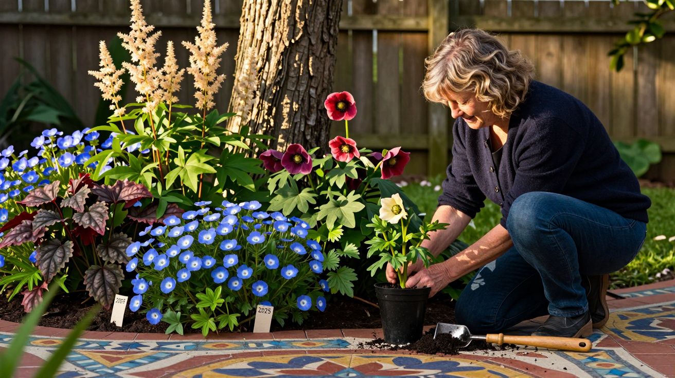 Mulher a plantar flores coloridas num jardim, rodeada por plantas e um chão de mosaico decorativo.