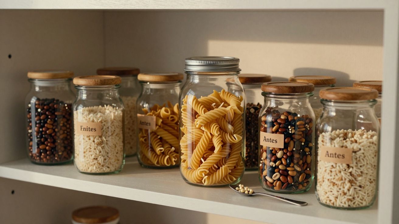 Frascos de vidro com massas, arroz e leguminosas numa prateleira. Algumas etiquetas com palavras escritas em francês.