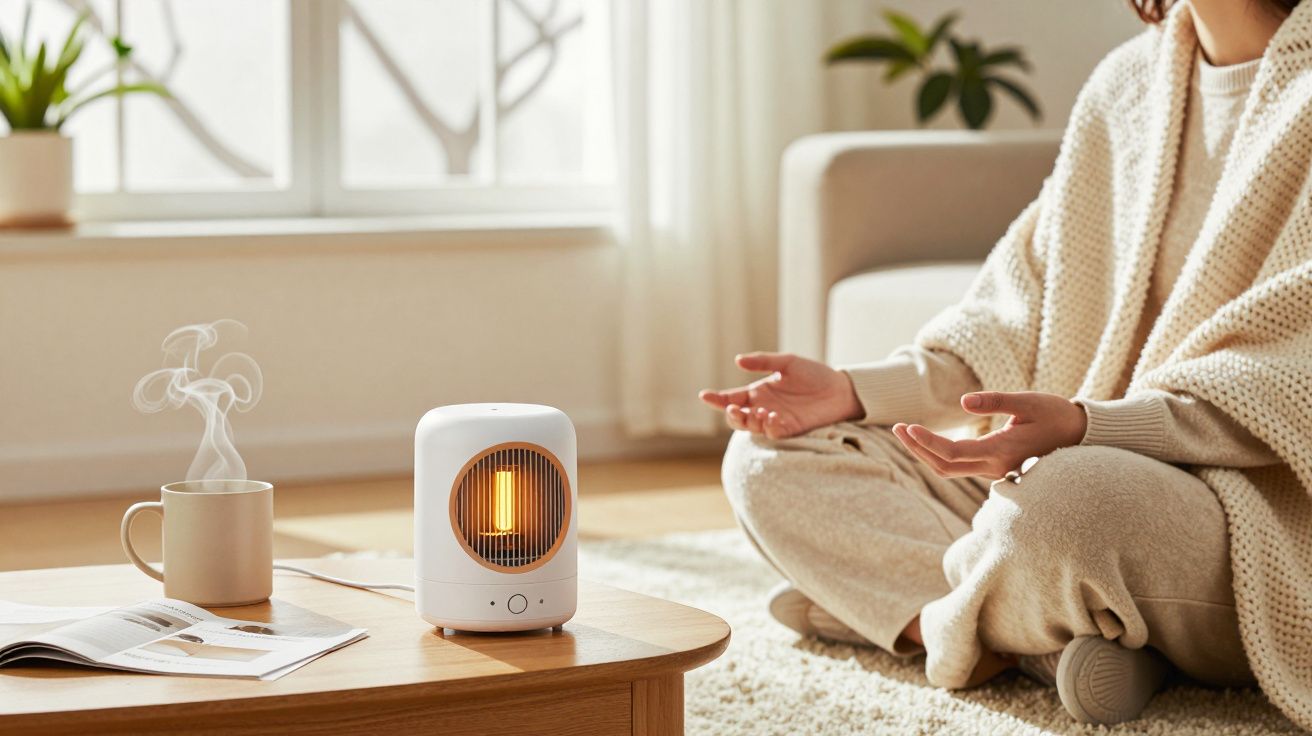 Mulher sentada em meditação ao lado de um aquecedor portátil numa sala iluminada, com uma chávena de chá e um livro sobre a m