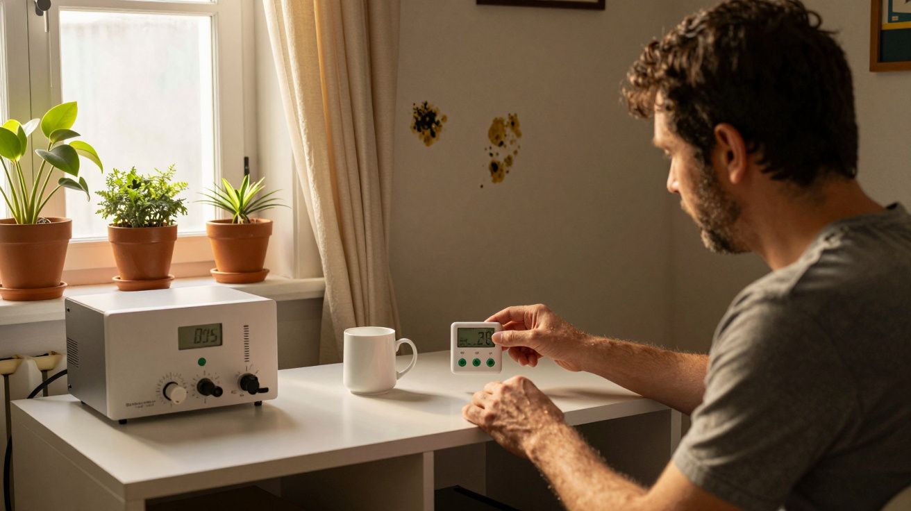 Homem a ajustar temporizador num escritório com plantas na janela e caneca na secretária branca.