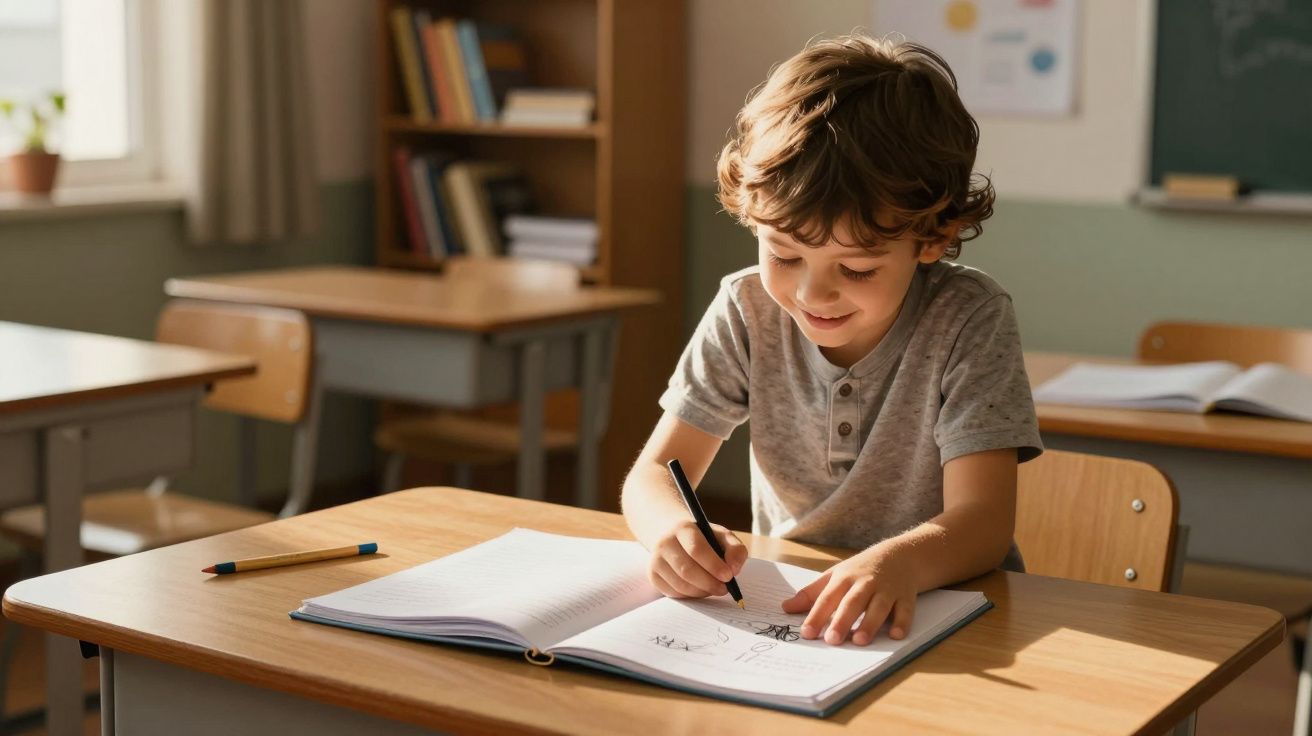 Menino sentado numa carteira escolar a desenhar num caderno aberto numa sala de aula iluminada.