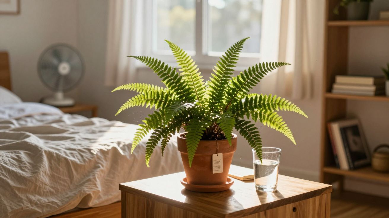 Planta verde em vaso de barro num móvel de madeira, com um copo de água e cama desfocada ao fundo.
