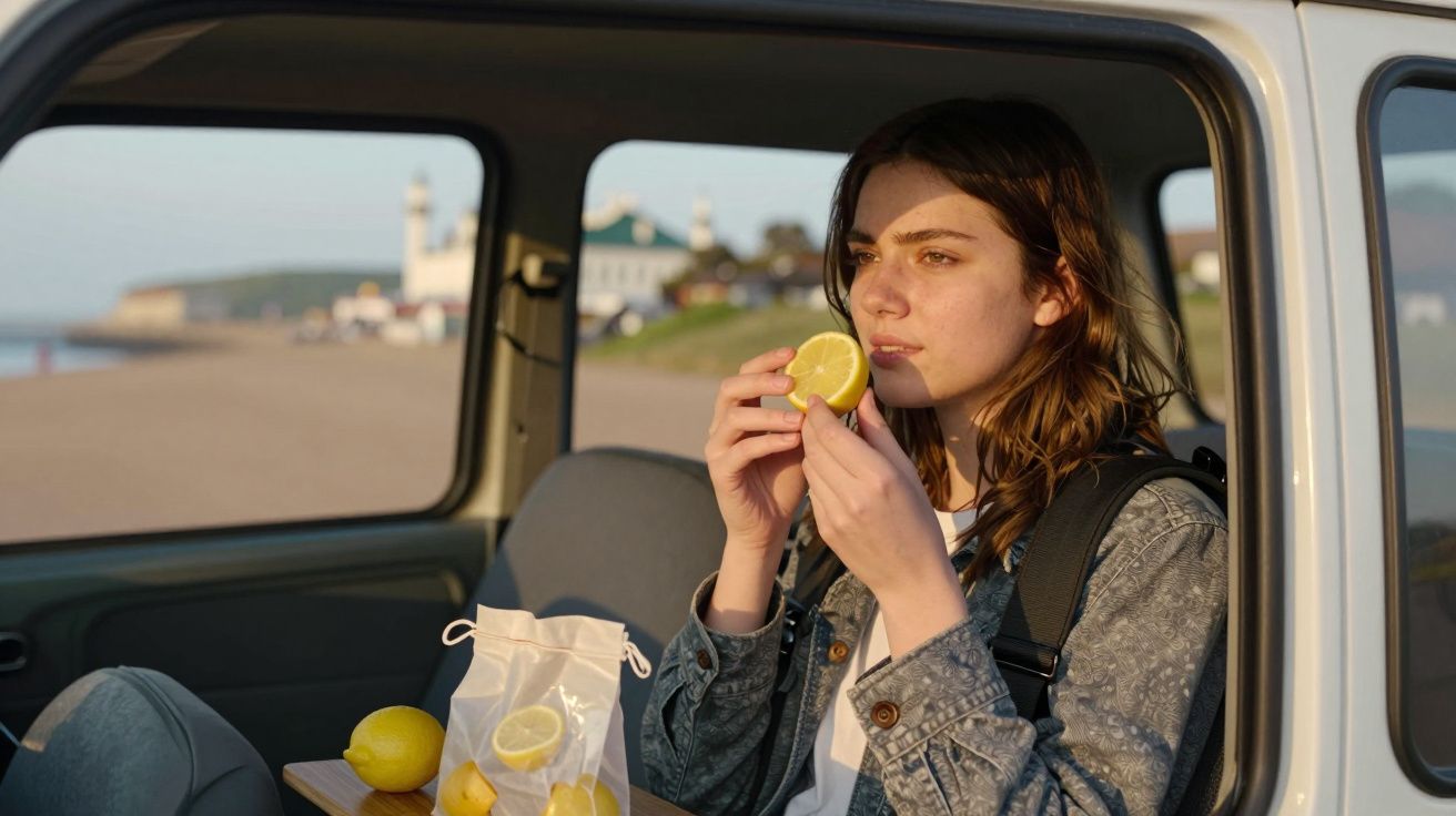 Jovem sentada numa viatura, segurando um limão cortado ao meio, com limões e saco de limões ao seu lado.