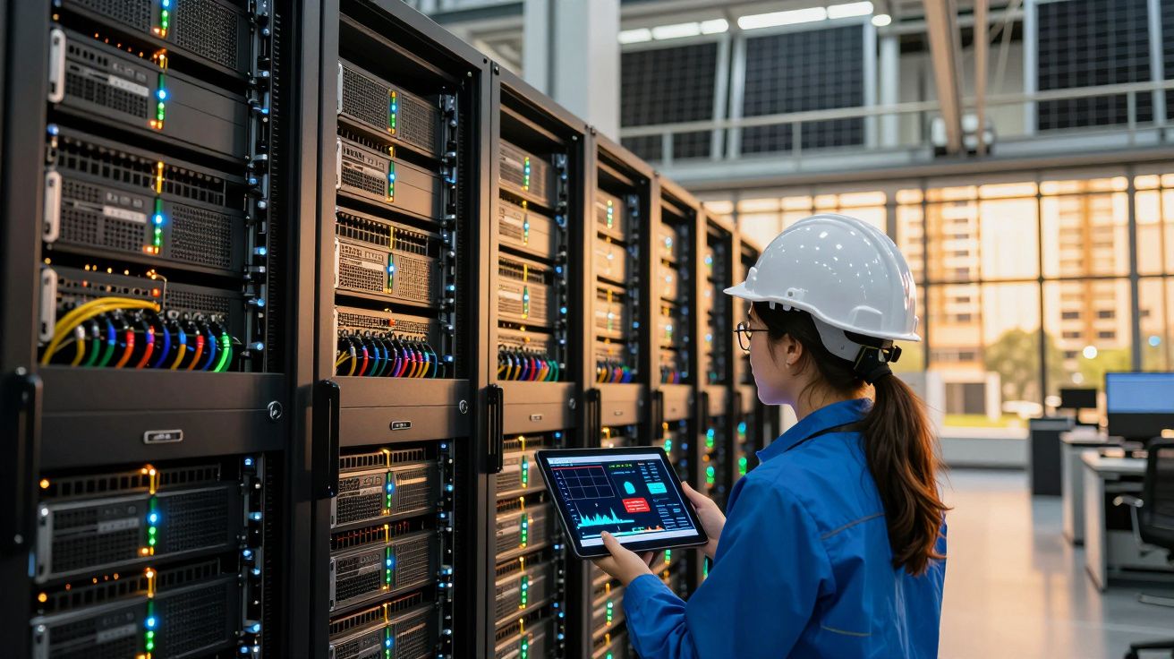 Técnica com capacete a analisar dados num tablet junto a servidores numa sala de data center moderna.