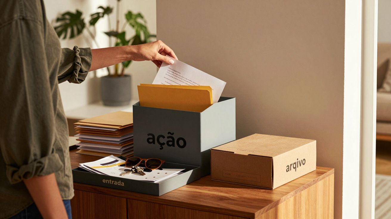 Pessoa a organizar documentos em caixas rotuladas como "ação", "entrada" e "arquivo" sobre móvel de madeira.