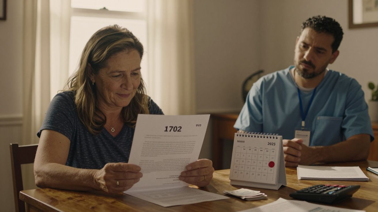 Mulher lê documento sentada à mesa com homem de azul atento ao fundo, calendário e calculadora visíveis.