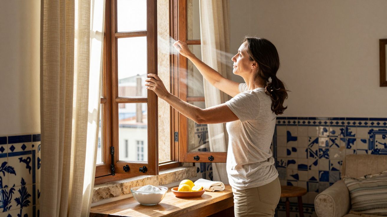 Mulher a abrir janela de madeira numa sala com azulejos tradicionais e luz natural.