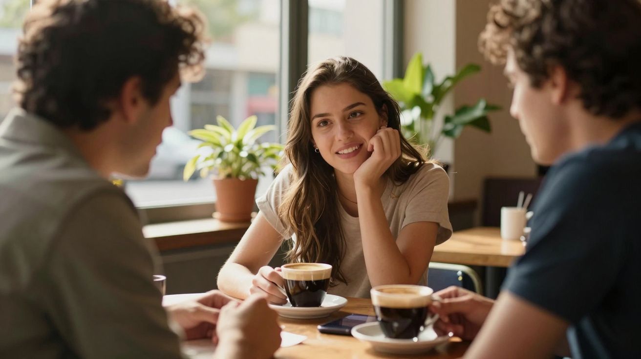 Jovem sorridente enquanto conversa com duas pessoas numa mesa de café com jarras de café.