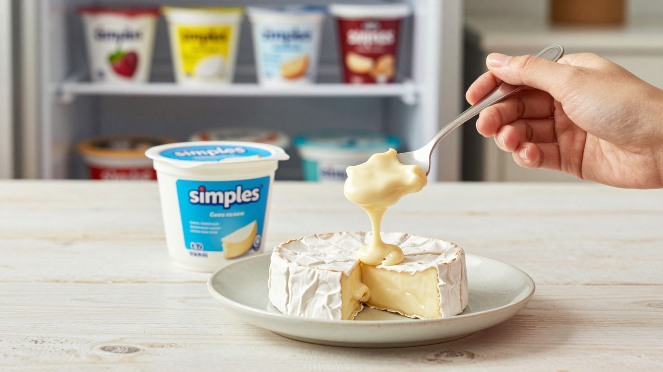 Pão de queijo cremoso com uma colher a servir queijo macio, com iogurtes ao fundo.