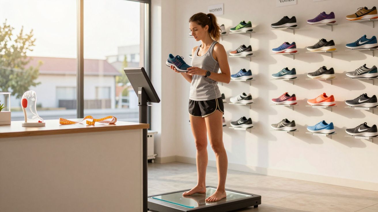 Mulher descalça numa plataforma digital numa loja de ténis, a segurar um par de sapatilhas de corrida.
