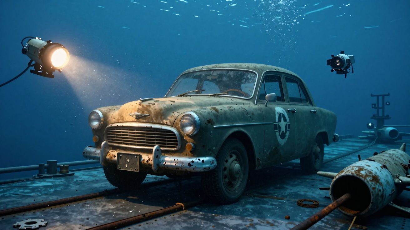 Carro militar antigo submerso no fundo do oceano com iluminação e peças enferrujadas ao redor.