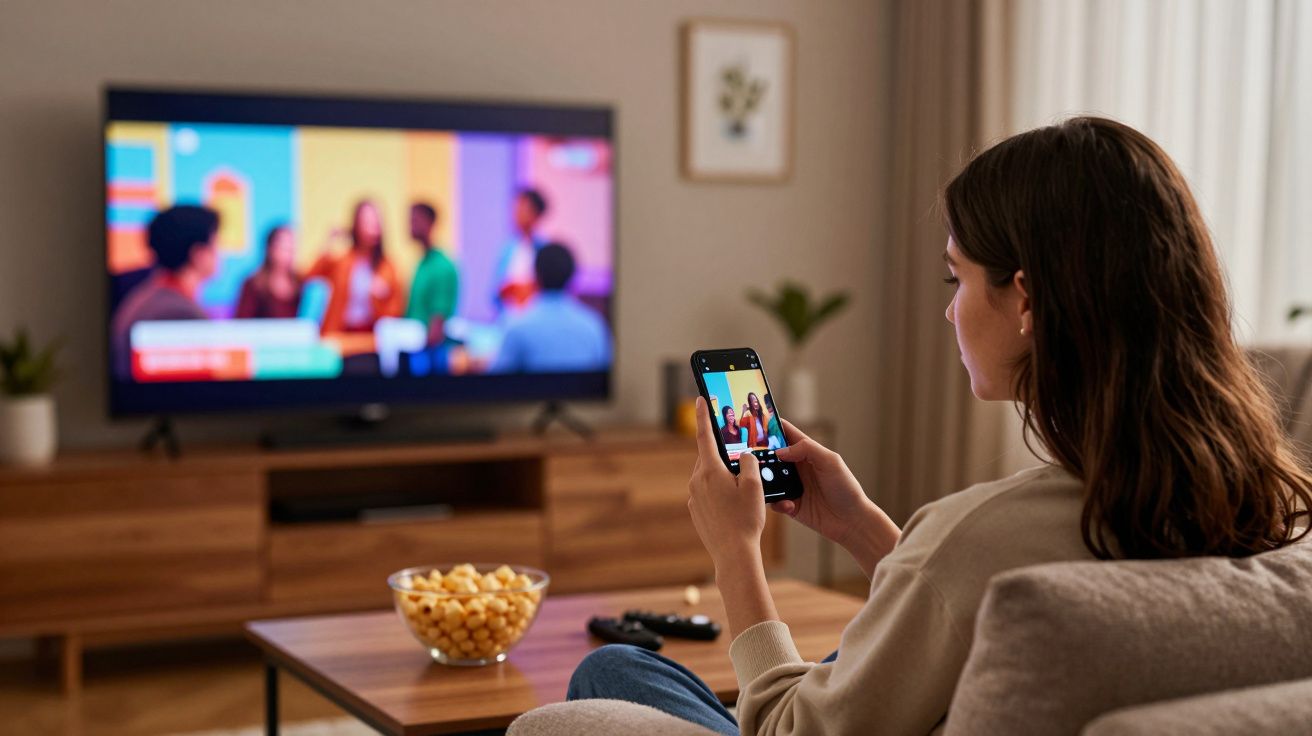 Mulher sentada no sofá a tirar foto de programa na televisão com telemóvel numa sala de estar.