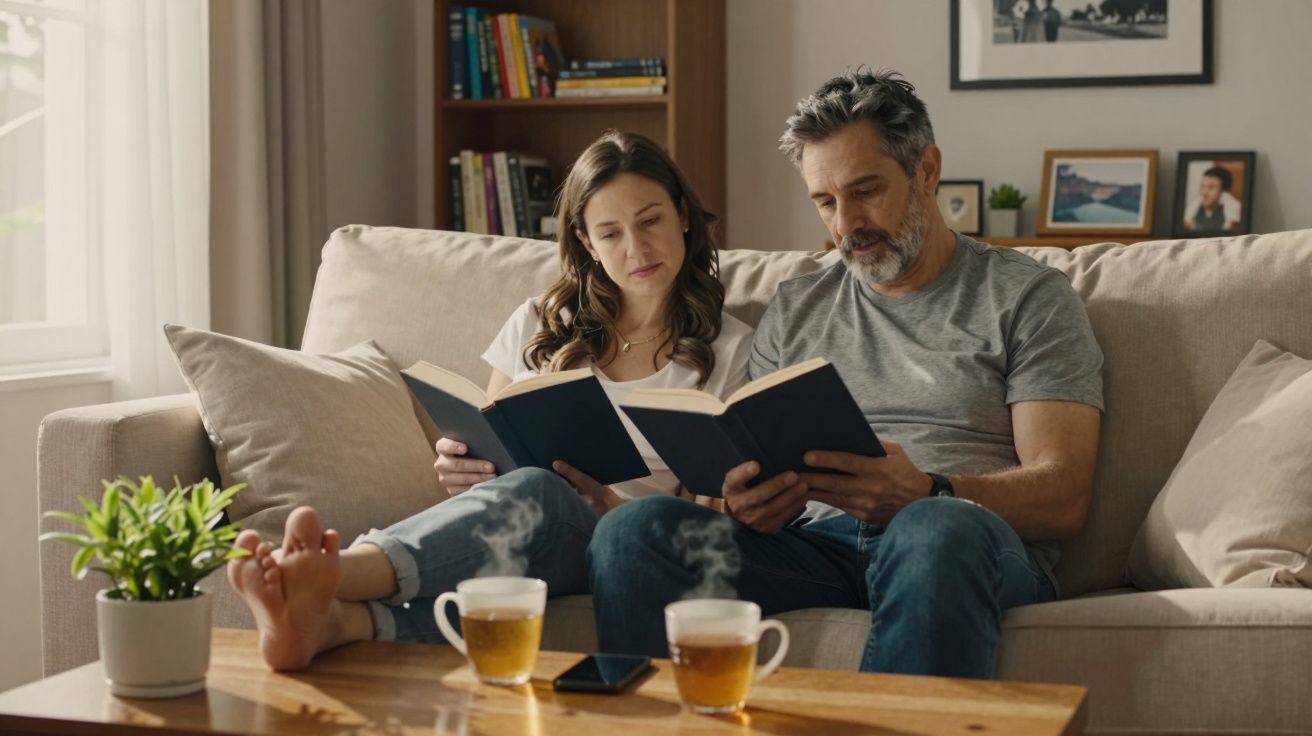 Casal sentado no sofá a ler livros com chá quente e telemóvel numa mesa de madeira à frente.