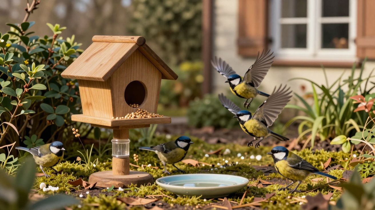 Pássaros alimentam-se perto de comedouro de madeira num jardim com plantas e musgo.