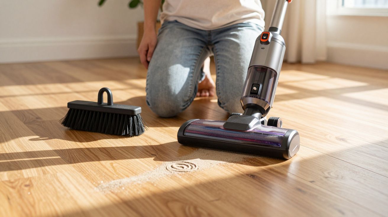 Pessoa a aspirar pó visível numa mancha de sujidade num chão de madeira clara com uma vassoura preta ao lado.
