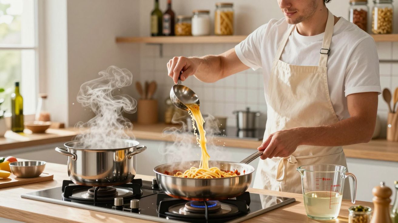 Homem a cozinhar esparguete numa cozinha moderna, adicionando massa ao molho numa frigideira.