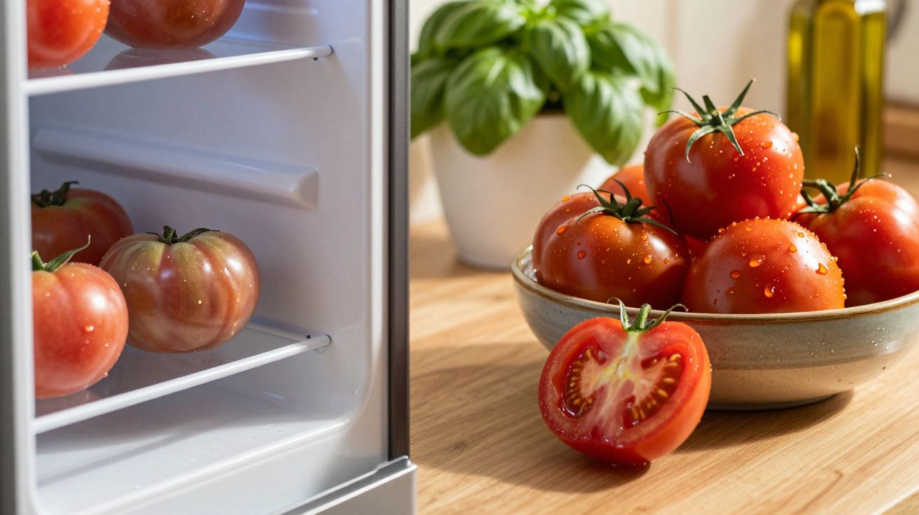 Tomates frescos em prato sobre mesa ao lado de frigorífico aberto com mais tomates na prateleira.