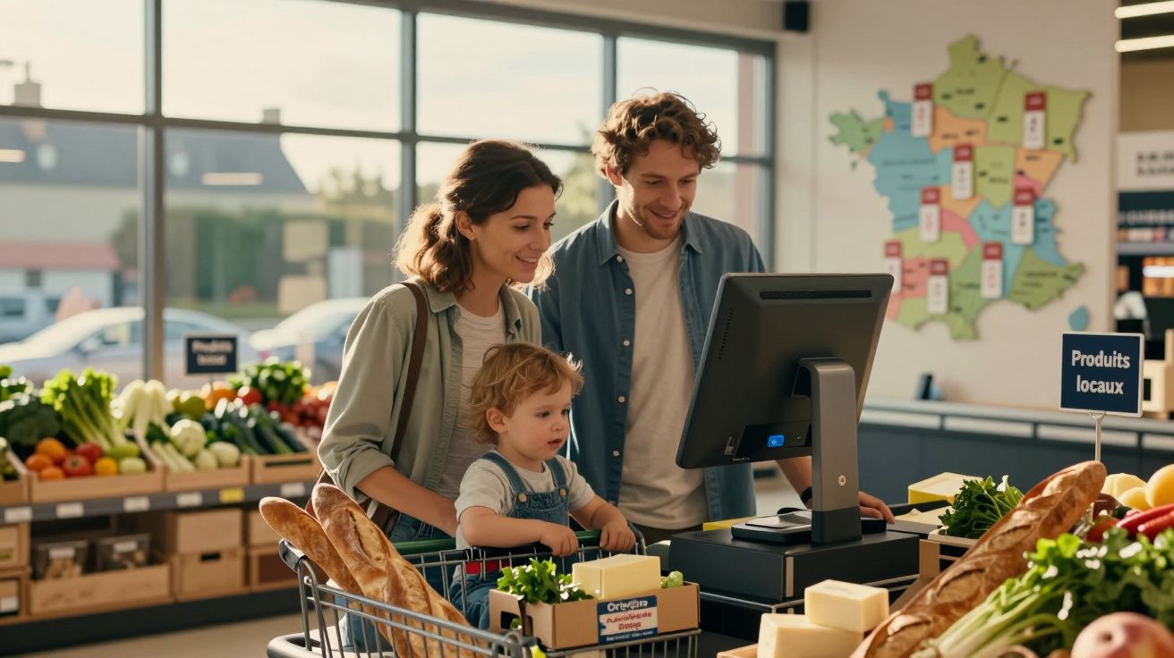 Família com criança a usar caixa de supermercado de compra de produtos locais e frescos.