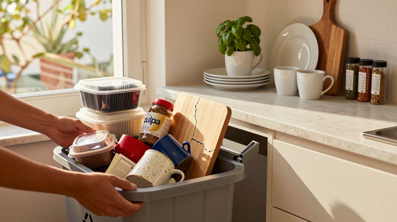 Mãos a colocar diversos resíduos domésticos numa caixa de reciclagem na cozinha iluminada natural.