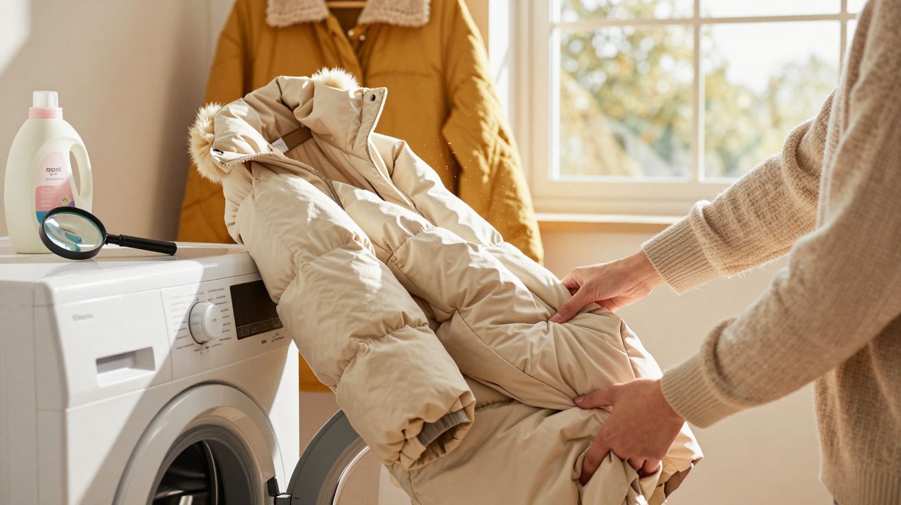 Pessoa a retirar casaco bege da máquina de lavar roupa numa lavandaria com luz natural.