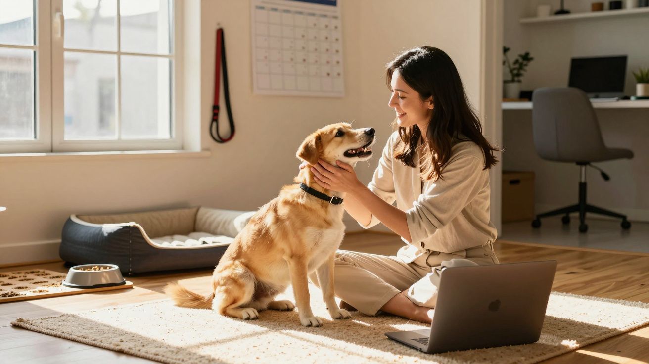 Mulher sentada no chão de casa a afagar cão dourado, com portátil aberto à frente e luz natural.