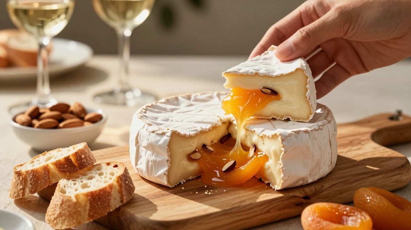 Queijo brie cremoso com mel e amêndoas, fatias de pão e frutas secas em tábua de madeira.
